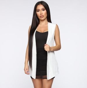Long white open tie back vest